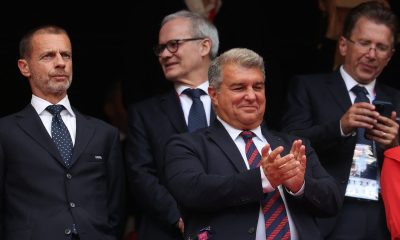 President of UEFA Aleksander Ceferin (L) and FC Barcelona's President Joan Laporta attend the UEFA Women's Champions League final football match between FC Barcelona and Olympique Lyonnais at the San Mames stadium in Bilbao on May 25, 2024. (Photo by Pierre-Philippe MARCOU / AFP) (Photo by PIERRE-PHILIPPE MARCOU/AFP via Getty Images)