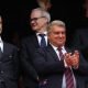 President of UEFA Aleksander Ceferin (L) and FC Barcelona's President Joan Laporta attend the UEFA Women's Champions League final football match between FC Barcelona and Olympique Lyonnais at the San Mames stadium in Bilbao on May 25, 2024. (Photo by Pierre-Philippe MARCOU / AFP) (Photo by PIERRE-PHILIPPE MARCOU/AFP via Getty Images)