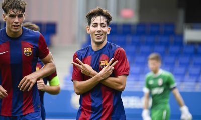 Barcelona's Daniel Dani Rodriguez celebrates after scoring during a soccer game between Spanish FC Barcelona and Belgian Royal Antwerp FC, on Tuesday 19 September 2023 in Barcelona, Spain, on day 1 of the UEFA Youth League competition. BELGA PHOTO TOM GOYVAERTS (Photo by Tom Goyvaerts / BELGA MAG / Belga via AFP) (Photo by TOM GOYVAERTS/BELGA MAG/AFP via Getty Images)
