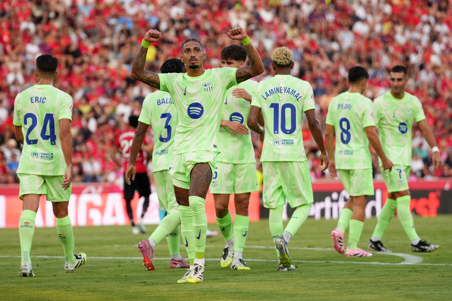 MALLORCA, SPAIN - AUGUST 16: Raphinha of FC Barcelona celebrates scoring his team's first goal during the LaLiga EA Sports match between RCD Mallorca and FC Barcelona at Estadio de Son Moix on August 16, 2025 in Mallorca, Spain. (Photo by Alex Caparros/Getty Images)