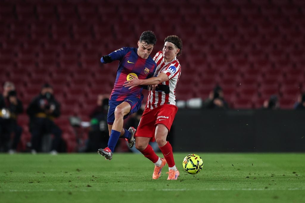 Pedri of FC Barcelona and Julian Alvarez of Atletico Madrid