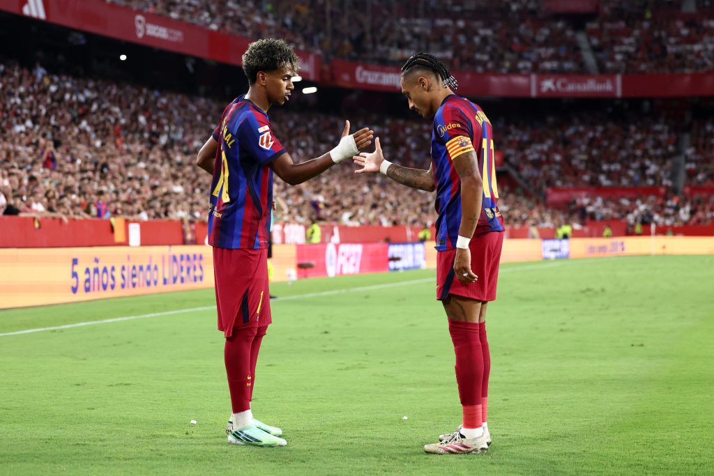 Raphinha and Lamine Yamal of Barcelona
