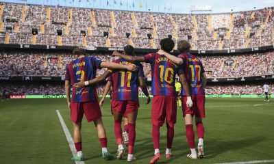 Fermin Lopez, Raphinha, Lamine Yamal and Anthony Gordon of FC Barcelona