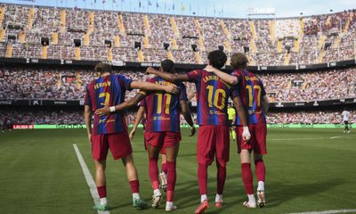 ermin Lopez, Raphinha, Lamine Yamal and Anthony Gordon of FC Barcelona